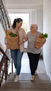 Young woman and her elderly mother walk up staircase together while carrying brown paper bags filled with fresh groceries after successful shopping trip to local neighborhood market store.