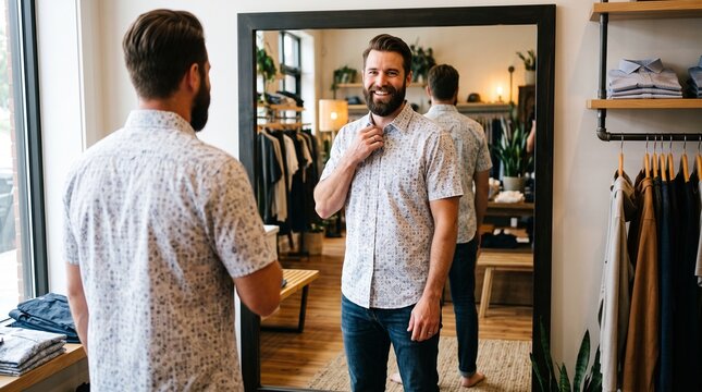Man trying on a patterned shirt in a clothing store looking at himself in a mirror and smiling