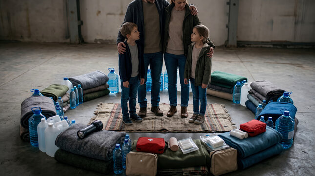 Family of four stands in circle of essential supplies including blankets, water bottles, first aid kits, and flashlight, suggesting preparedness for crisis or emergency situation.