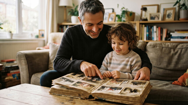 Smiling father and his young child sitting together on couch, looking at old photographs in large family album placed on wooden coffee table in living room.
