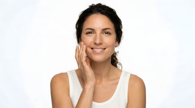 A smiling woman with dark  wavy hair touches her cheek with one hand  she wears a simple white tank top and stands before a clean white backdrop