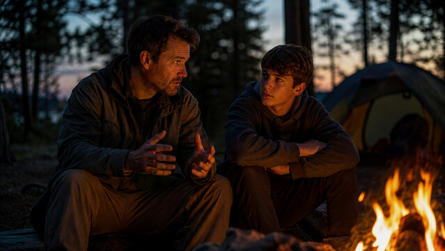 Father and his teenage son sit together by campfire in woods at dusk, engaged in deep conversation while camping in forest setting with tent visible in background behind them.