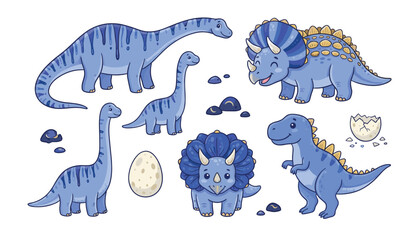 Cute blue dinosaur cartoon character collection . Triceratops, sauropod, tyrannosaurus, eggs, isolated prehistoric reptile animal vector illustrations . © Nesar