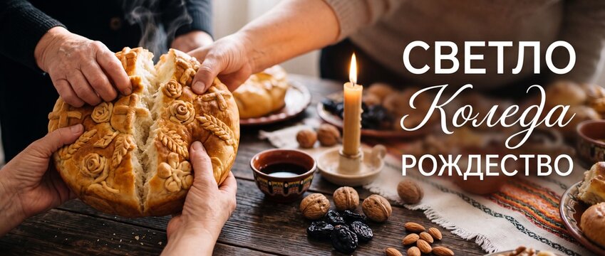 Traditional Christmas bread breaking hands sharing hot ritual pitka on festive wooden table with burning candle, walnuts, and Bulgarian holiday text greeting background for cozy family dinner.