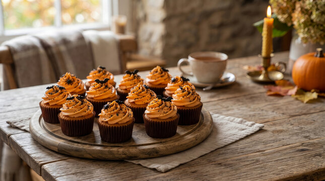 Wooden platter holding collection of orange frosted Halloween cupcakes topped with small black spider decorations sits on rustic dining table with candle and pumpkin in background.