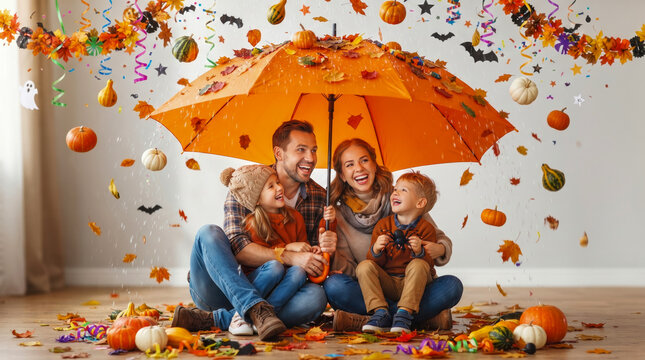 Happy family of four sitting together indoors under orange umbrella while autumn leaves and pumpkins fall