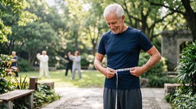 Smiling senior man measures his waist with a tape measure in a park while others practice tai chi in the background