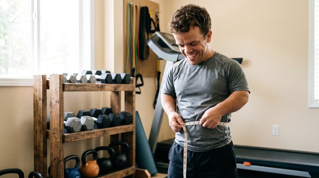 Man with dwarfism measures waist with tape measure in home gym with dumbbells and resistance bands