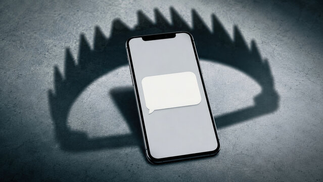 Smartphone displaying blank message bubble on its screen with shadow of metal bear trap cast behind it on concrete surface, symbolizing digital danger and online communication risks.