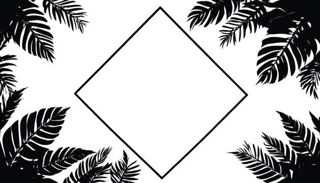 Monochrome botanical border with a clean geometric diamond frame surrounded by elegant black palm leaf silhouettes.