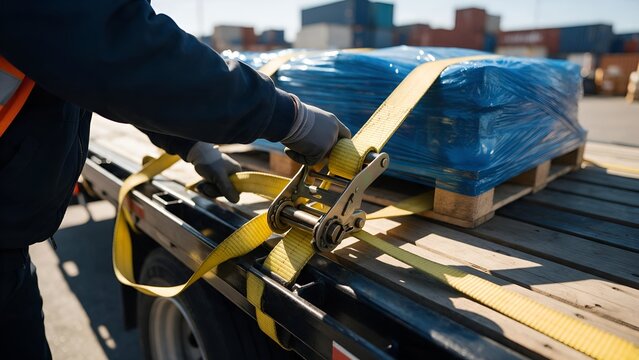 Professional logistics worker securing heavy cargo on flatbed trailer using yellow nylon ratchet straps under bright daylight in a busy industrial shipping yard at work