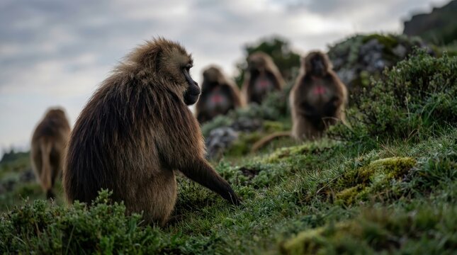 Gelada Baboons in Ethiopian Highlands: A troop of gelada baboons congregates on a grassy hillside in the Ethiopian highlands, their shaggy fur blending with the rugged terrain under a soft.