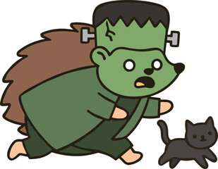 Obraz premium Hedgehog in Frankenstein costume chasing a kitten, Halloween illustration