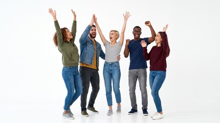 Obraz premium Diverse group of young adults celebrating with raised hands and smiles against a white background