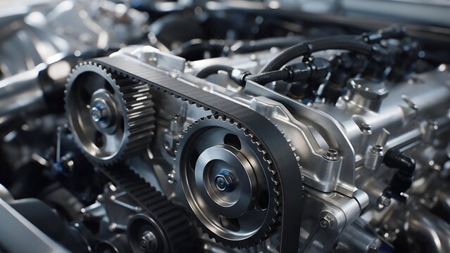 Powerful automotive engine components showing intricate timing belt gears and metallic surfaces captured with sharp focus inside modern high performance vehicle under soft studio lighting