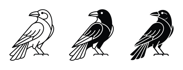 Obraz premium Three Raven Icons, Black and White Bird Silhouettes, Vector Graphics for Design