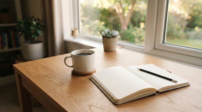 Cozy Morning Workspace with Steaming Hot Coffee and Open Blank Notebook on a Wooden Table by Window