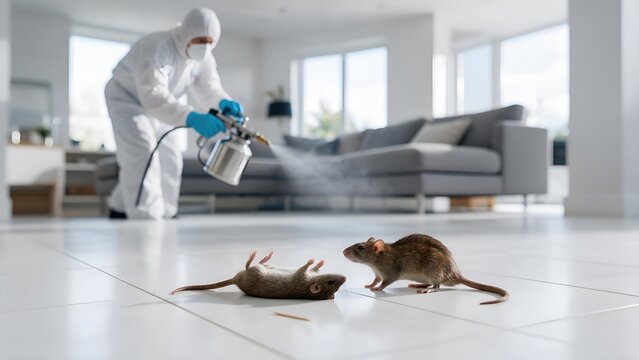 Professional pest control technician wearing protective suit sprays disinfectant chemicals to eliminate small brown rodents inside modern living room with white floors and blurry furniture background