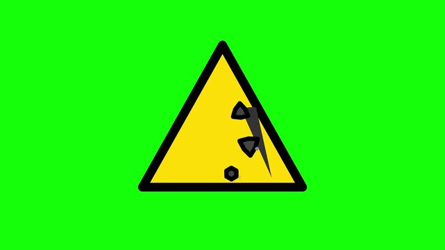 Falling rocks warning icon animation on green background