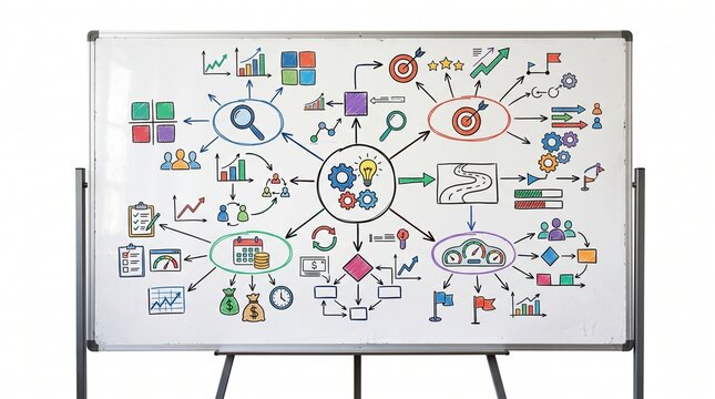 Business strategy mind map with icons for goals, planning, teamwork, finance, and progress on a whiteboard