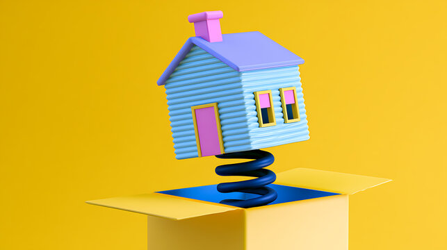 A 3d render of a colorful toy house popping out of a cardboard box on a bright yellow background, symbolizing surprise and real estate