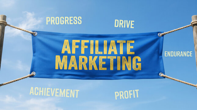 Blue banner with yellow text "AFFILIATE MARKETING" & motivational words. Symbolizes business goals, progress, and success.