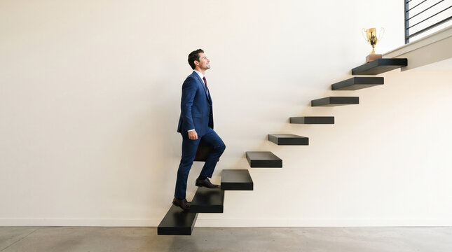 Man in suit ascending stairs towards trophy, symbolizing achievement, success, and career progression, representing aspiration and goals