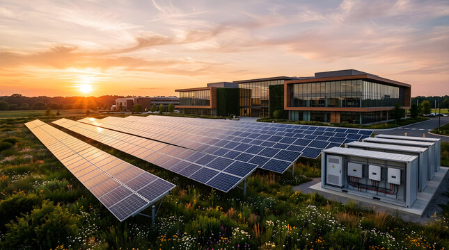 Solar energy storage microgrid near urban skyline aerial view stock photo, large photovoltaic solar array with containerized BESS unit beside commercial buildings and crop fields, and eco friendly.