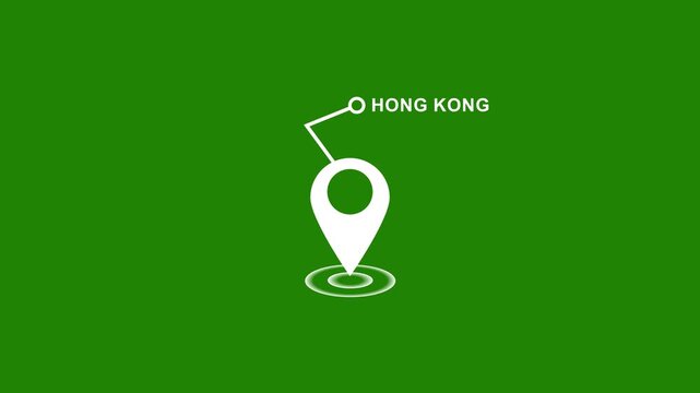 Animated hong kong map location pin with pulsing radar effect on green screen background, for easy chroma, key compositing and, travel, tourism, logistics, or global business presentations