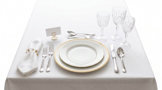 Elegant Table Setting with White Linens Gold Rimmed Plates and Crystal Wine Glasses