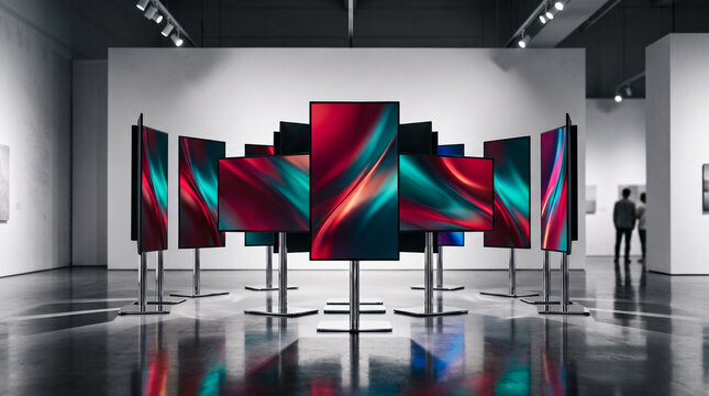 Multiple modern monitors displaying abstract red and teal imagery, arranged in an exhibition setting, symbolizing technology and art, showcase.