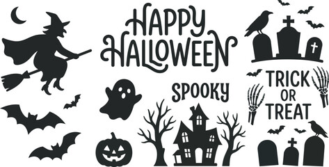 Fototapeta premium Halloween silhouettes featuring witch ghost bats and graveyard on a white background