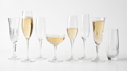 Obraz premium Collection of elegant crystal champagne glasses with sparkling wine and bubbles on a clean white background
