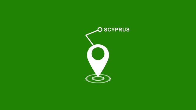 Animated map location pin marker pointing to cyprus with pulsing radar waves on a solid chroma key green screen background, for easy compositing, and motion integration projects