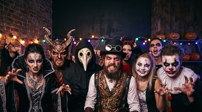 A group of people dressed halloween costumes pose together during a halloween spooky party with festive decorations.