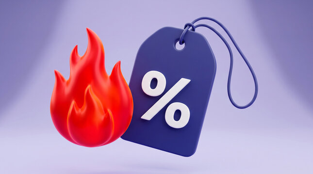 Red flame and dark blue tag with percentage symbol, symbolizing hot deals and discounts, perfect for sales and promotions