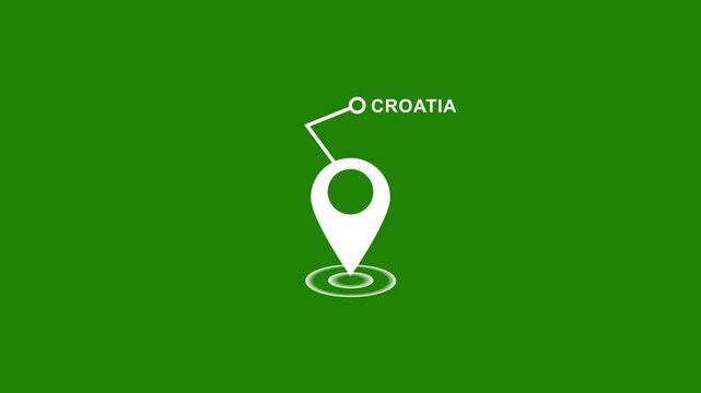 Animated map pointer indicating croatia location with pulsing radar effect on chroma key green screen background, for travel, geographic, and global business presentation