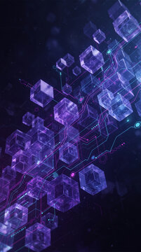 Abstract digital network of glowing purple cubes and connecting lines, representing technology, data, or blockchain concepts, with free space for text.