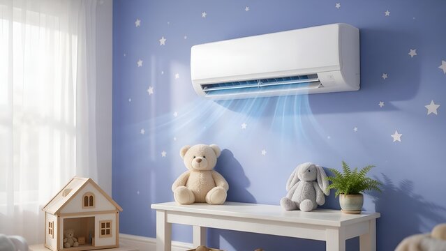 Modern white air conditioner unit blowing refreshing cool breeze inside cozy child nursery room featuring soft blue walls with star patterns and cute stuffed animals
