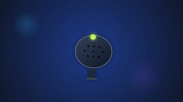 Minimalist vector illustration of a dark round padel racket and the ball on a vibrant blue background with glowing indicator