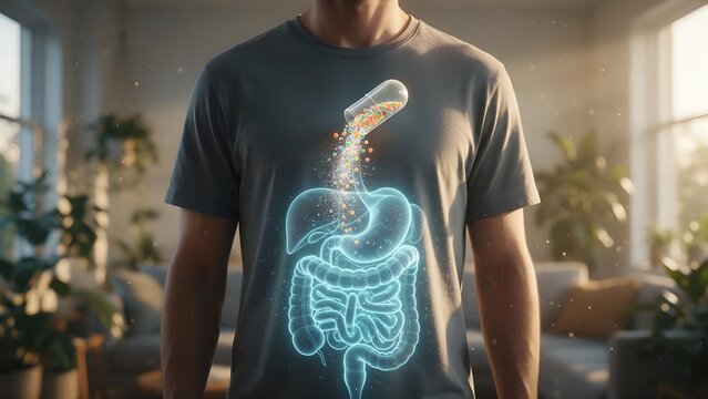 Man showing a glowing digital human digestive system with a medical capsule dissolving colorful particles into the stomach area in a bright soft indoor setting