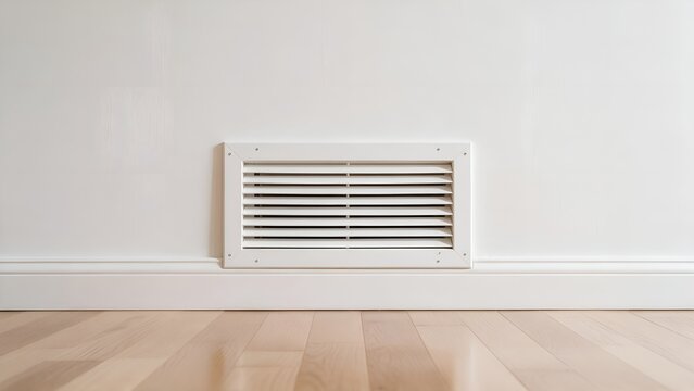 White metal air vent cover installed low on a clean smooth interior wall above beautiful light brown hardwood flooring inside a modern residential home setting