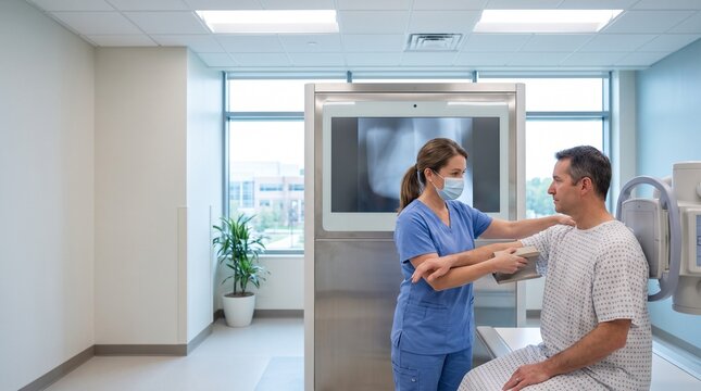 Medical technician assisting patient in modern hospital room for x-ray imaging procedure