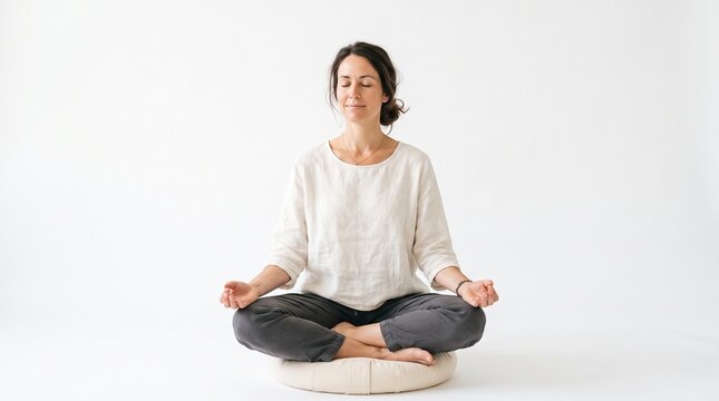 Woman meditating in lotus pose on cushion with eyes closed and serene expression, white background