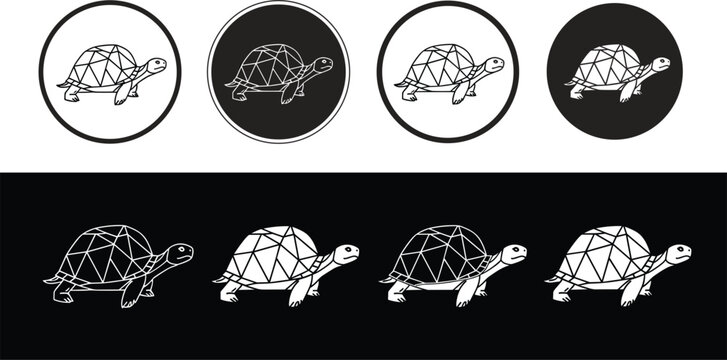 Turtle and Tortoise Vector Icon Set Featuring Geometric Low Poly Shells in Circular Badges and Outline Styles for Graphic Designs