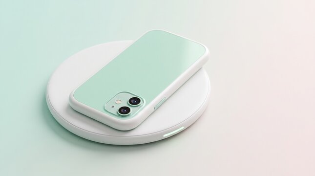 Minimalist smartphone with dual cameras resting on pastel mint wireless charging pad in modern studio setting with clean white background