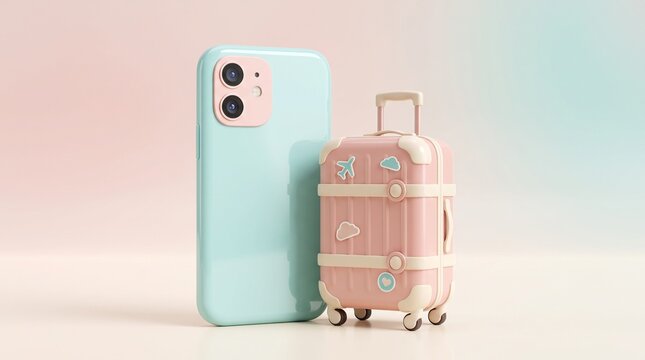 Pastel-colored smartphone and miniature pastel suitcase arranged for lifestyle marketing showcasing modern travel tech accessories with clean studi...
