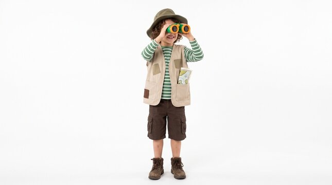 Young boy dressed as an explorer with binoculars and a map looking into the distance