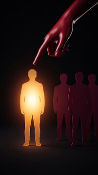 A glowing human figure is selected by a red hand, symbolizing choice, leadership, and individuality against a group.