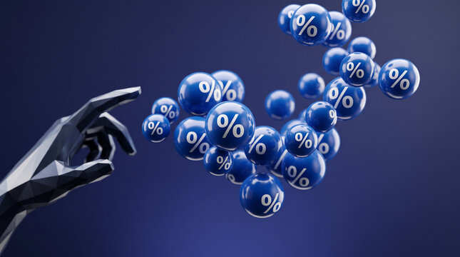 Low-poly robotic hand reaching towards a cloud of blue spheres with percent signs, symbolizing financial growth or digital interaction